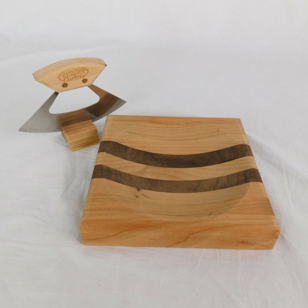 Alaska Cutlery 6" Birch Handled Ulu with 7.25" Birch Walnut Cutting Bowl & Stand